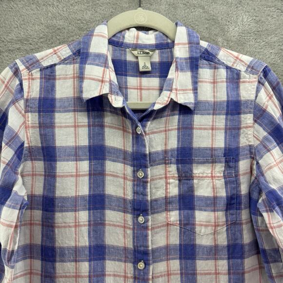 LLBean Top Womens S Blue Plaid Linen Button Up Shirt Long Sleeve Collared - Picture 3 of 14